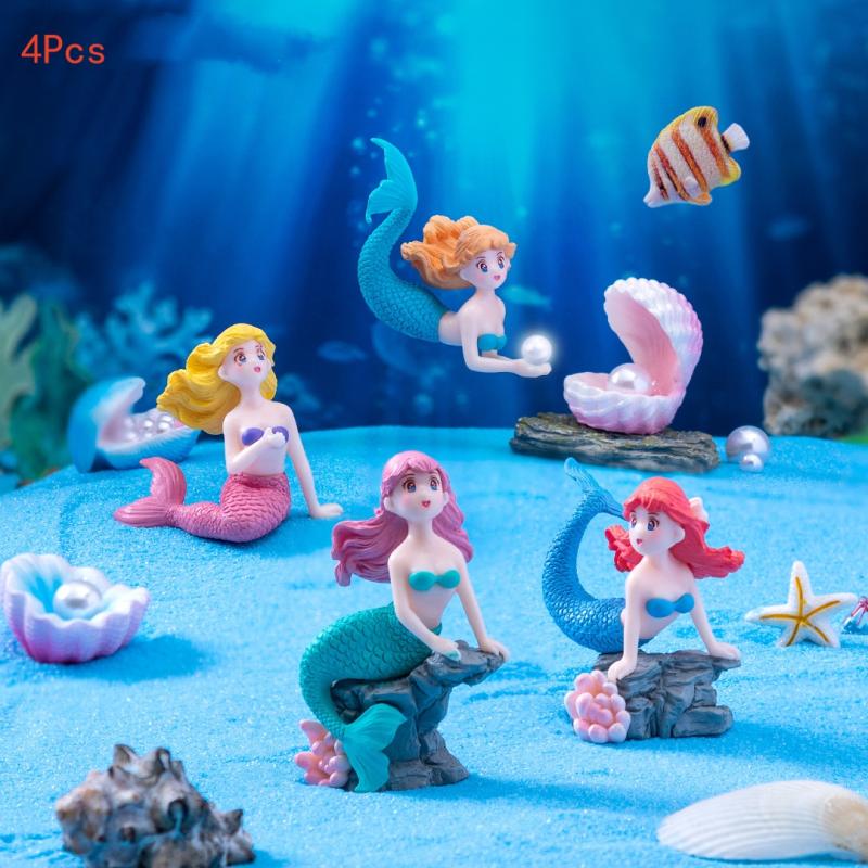 Aquarium Fish Only - 4 個のプラスチック水槽リトルマーメイドオーナメントミニチュア置物水族館の装飾 DIY ケーキ装飾デスククラフトアクセサリー