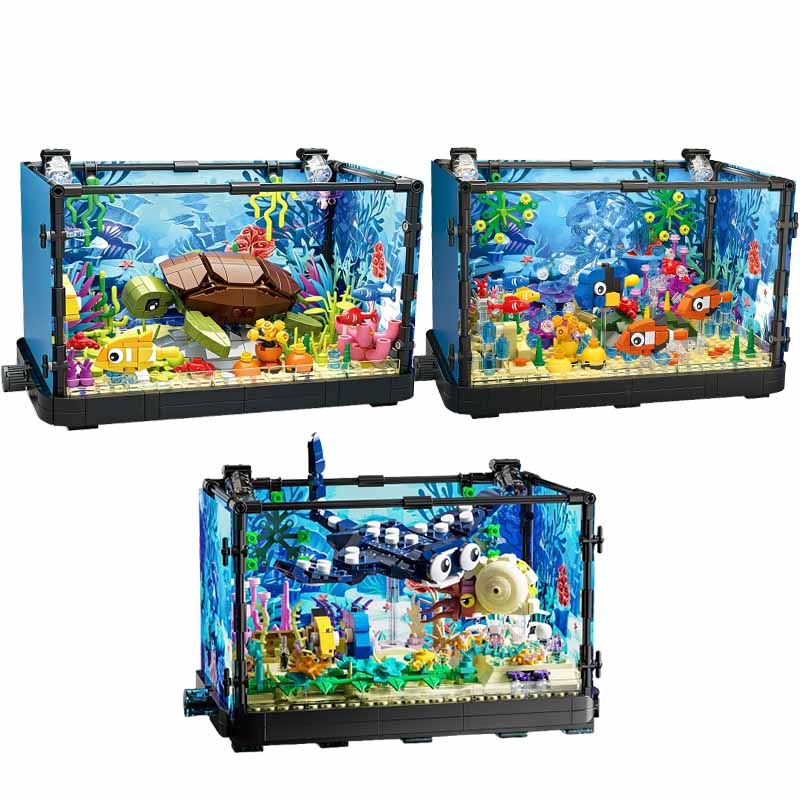 Aquarium Fish Farm - ライト付き水槽ビルディングブロックセット、水槽、海洋カメ、14歳以上の子供向けビルディングブロックおもちゃ、ギフト、家の装飾
