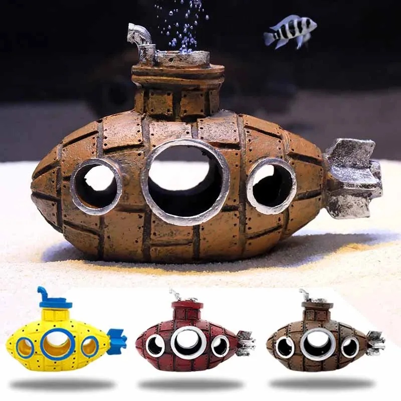 Aquarium Fish Hiding Places - 樹脂製潜水艦型オーナメント、水槽飾り、魚やエビの隠れ家、洞窟、水槽用造園アクセサリー